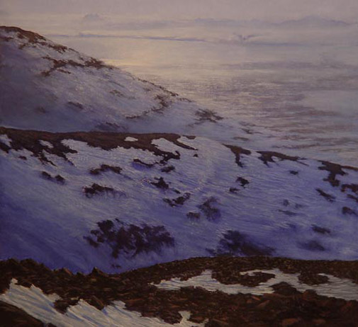  David Rosenthal Oil Painting Alaska Artist, Painting Image Red Hills in Sea Ice
